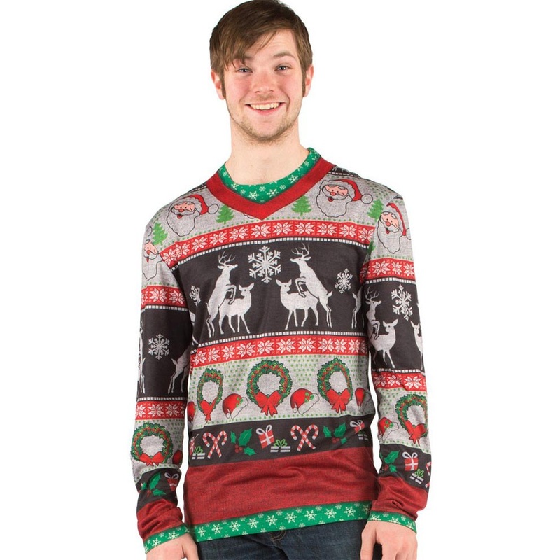 Ugly Frisky Deer Christmas Sweater Faux Real Mens T-Shirt
