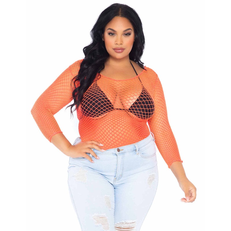 80s Coral Spandex Long Sleeved Net Plus Size Womens Shirt