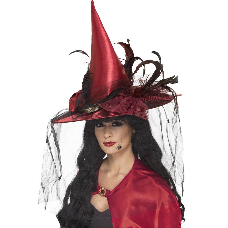 Deep Red Glamour Witch Hat with Feathers