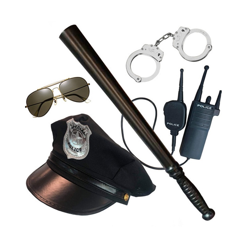 Police Hat Cuffs Baton Glasses and Radio Kit