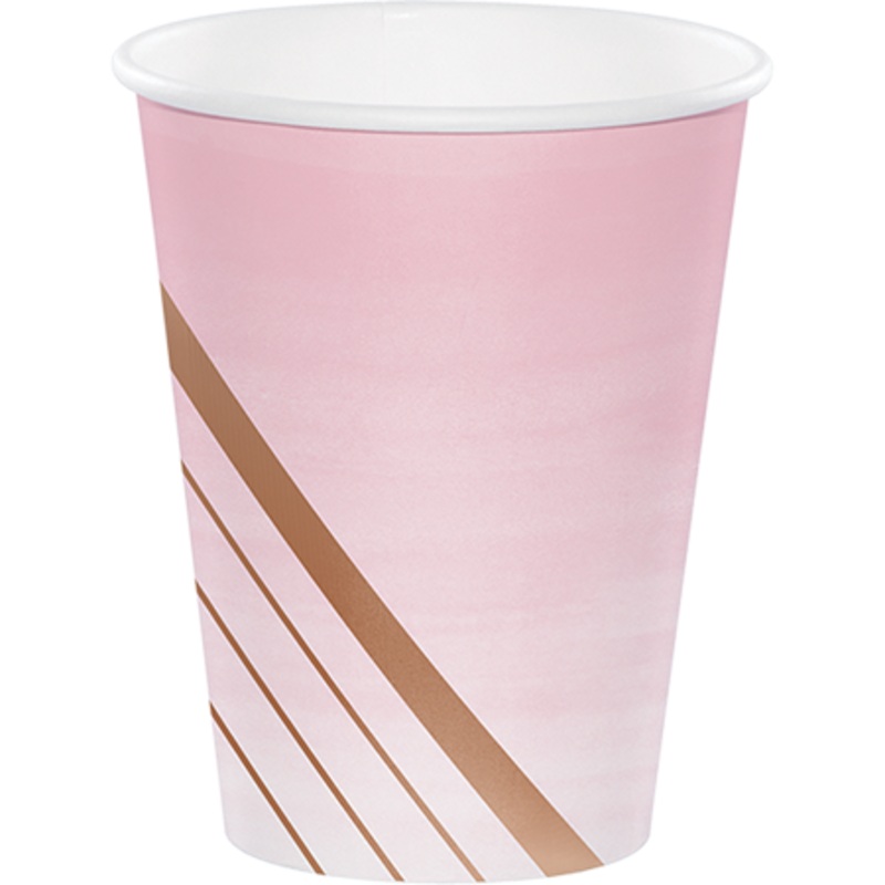 Rose All Day Cups Paper Stripes Rose Gold Foil 266ml Pack of 8