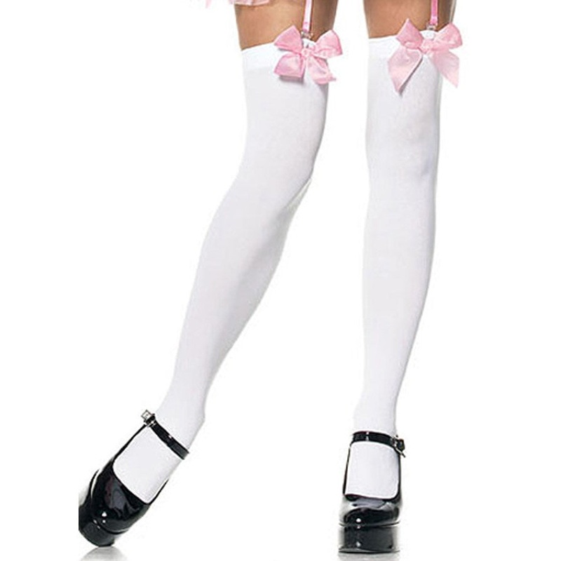 White Opaque Thigh Highs with Pink Satin Bow