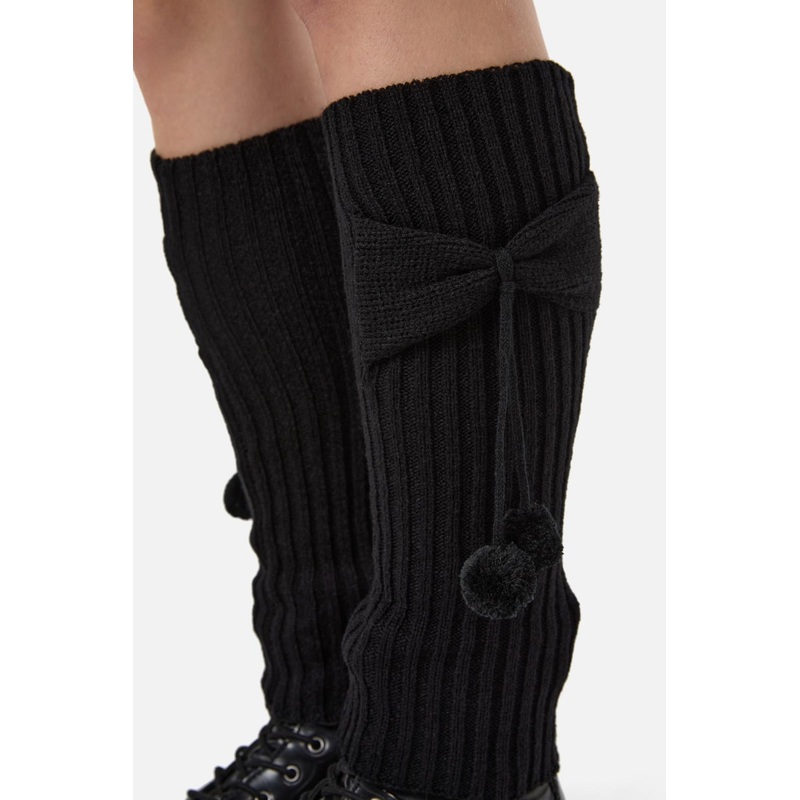 Black Bow Pom Legwarmers