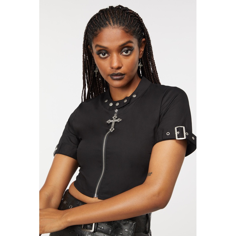 Stud Collar Zipper Blouse