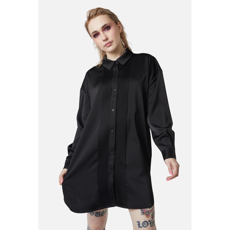 Satin Tux Shirt Dress
