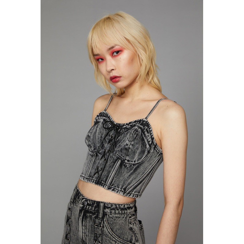 Acid Wash Lace Up Top