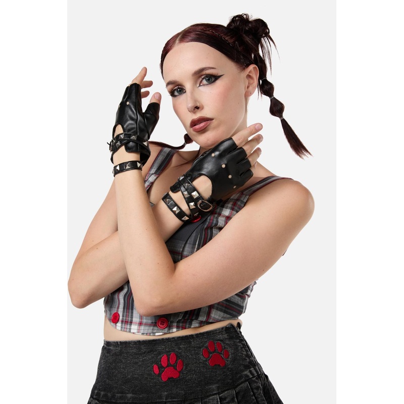 Stud Faux Leather Fingerless Gloves