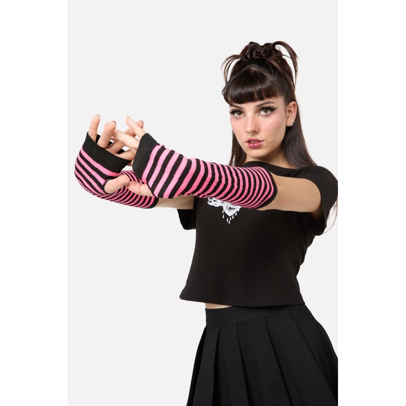 Pink Stripe Long Fingerless Gloves