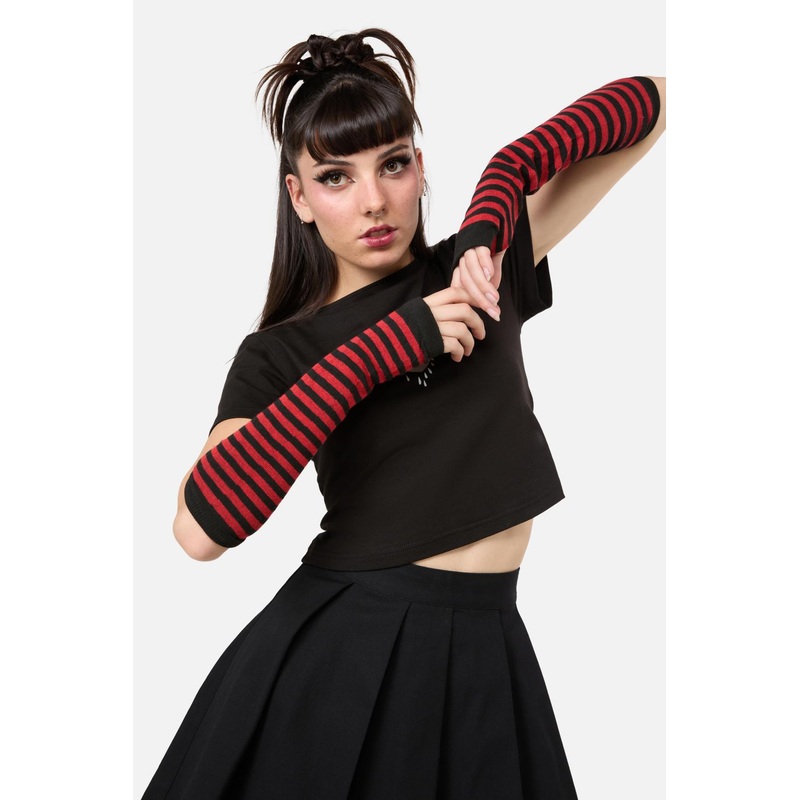 Red Stripe Long Fingerless Gloves