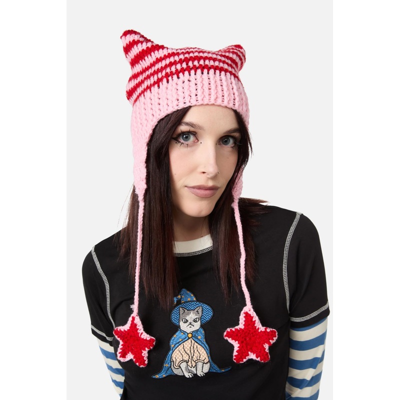 Pink Red Stripe Star Beanie