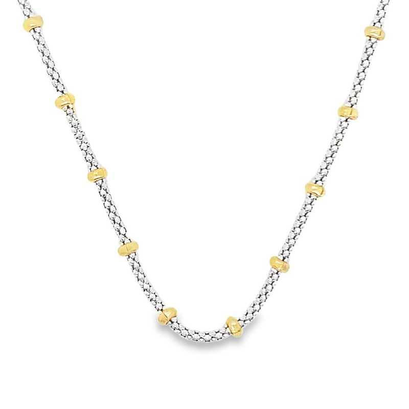 Two-Tone 14 Karat 24″ 1.50mm Popcorn Chain w/2.90mm Gold Station Beads