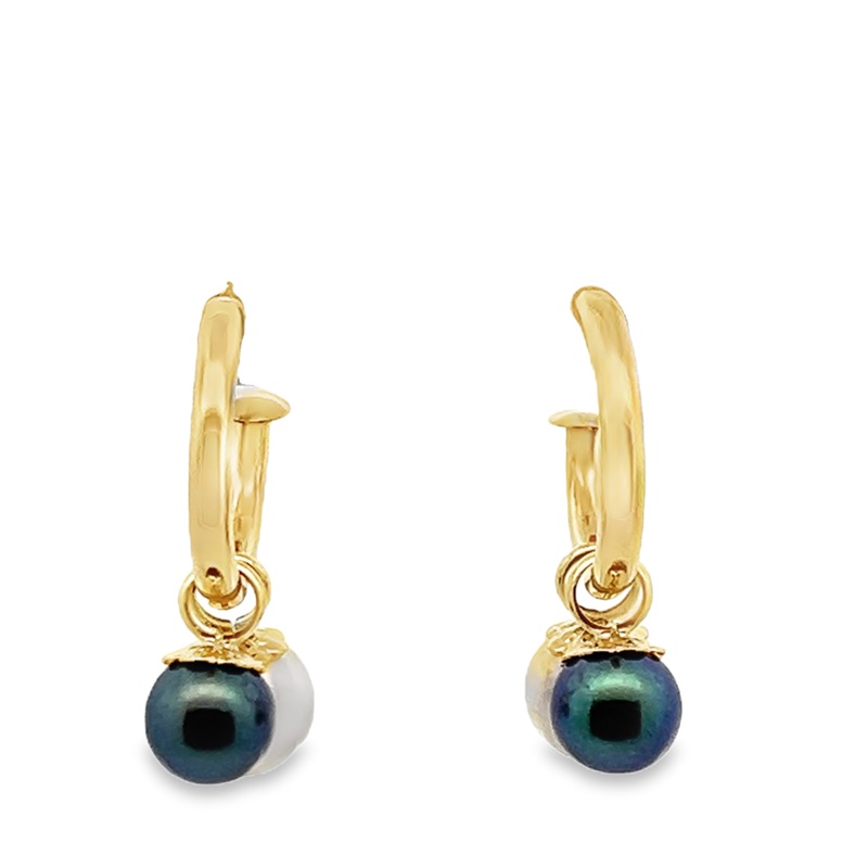 Yellow 14 Karat Pearl Charm Hollow Tube Hoops Estate Jewelry with 2 Round Pearls