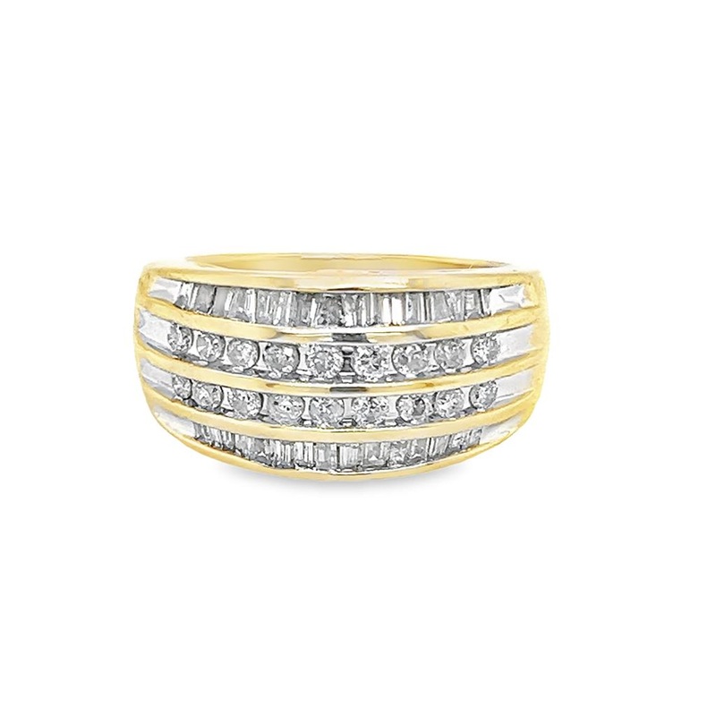 Two-tone 10 Karat 4 Row Band Estate Jewelry with 51 Various Shapes Diamonds
