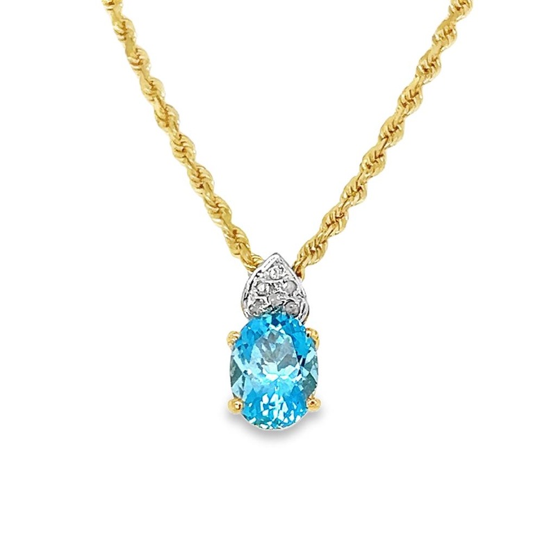 Two-tone 14 Karat 1.4mm Rope Chain Pendant Necklace Estate Jewelry with 1 Oval Blue Topaz