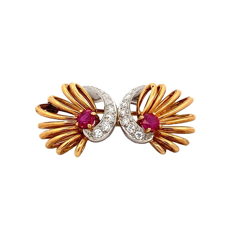 Two-Toned 14 Karat/18 Karat Fan Mask Pin Estate Jewelry with 2 Round Rubies