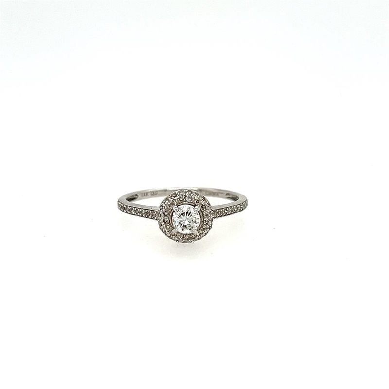 White 14 Karat petite halo eng ring Estate Jewelry with 1 Round Diamond
