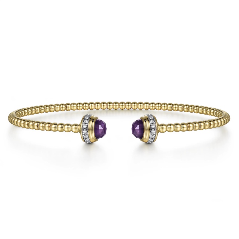 Gabriel & Co. Fashion 14K Yellow Gold Diamond and Amethyst Bujukan Open Bangle