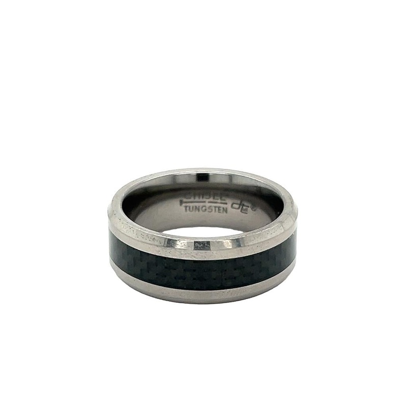 Grey Tungsten Chisel Bezeled Ring with Dark Grey Carbon Fiber Inlay Estate Jewelry with