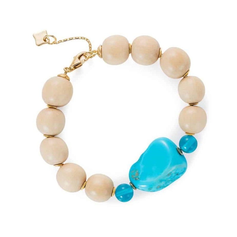 Large Wooden Bead Bracelet – Turquoise and London Blue Quartz