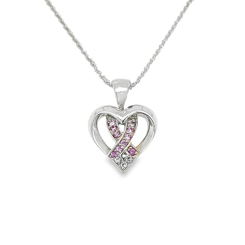 White 14 Karat Breast Cancer Ribbon Heart Pendant on a Sparkling Chain Estate Jewelry with 10 Round Pink Sapphires