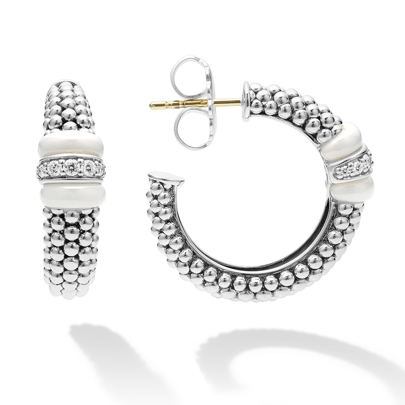 White Caviar White Ceramic Caviar Diamond Hoop Earrings