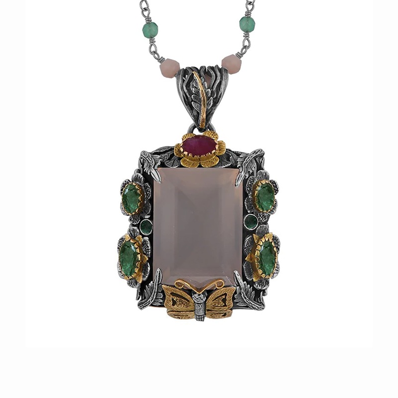 Salma Rose Quartz Emerald Pendant