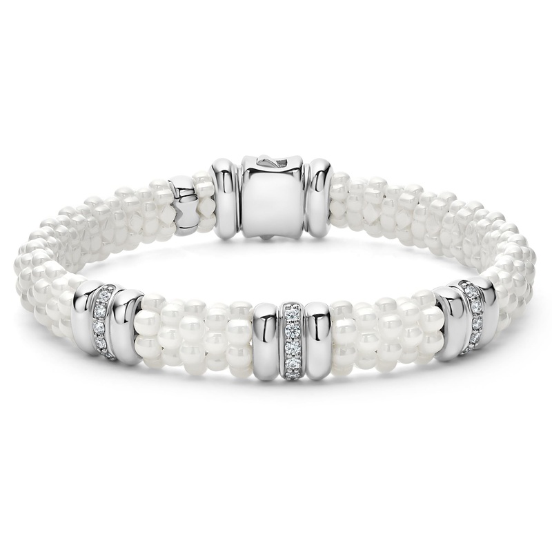 White Caviar White Three Station Ceramic Diamond Bracelet | 9mm