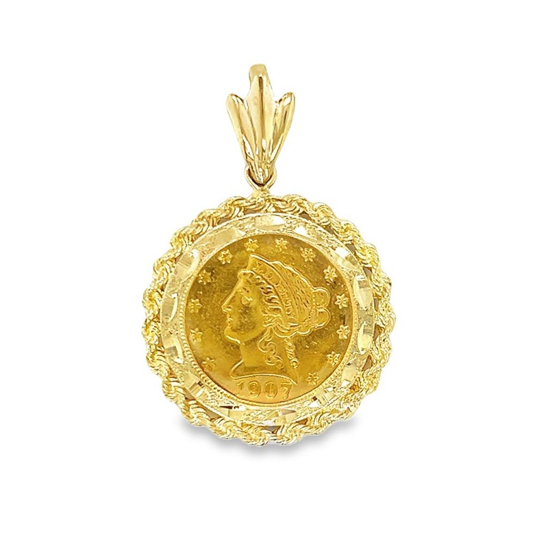 Yellow 14/22 Karat 1907 $2.50 Liberty Coin Pendant Estate Jewelry with