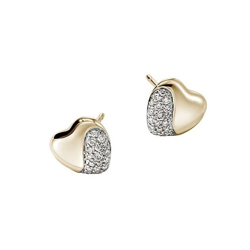 John Hardy Pebble 14KY Diamond Pave Heart Stud Earrings