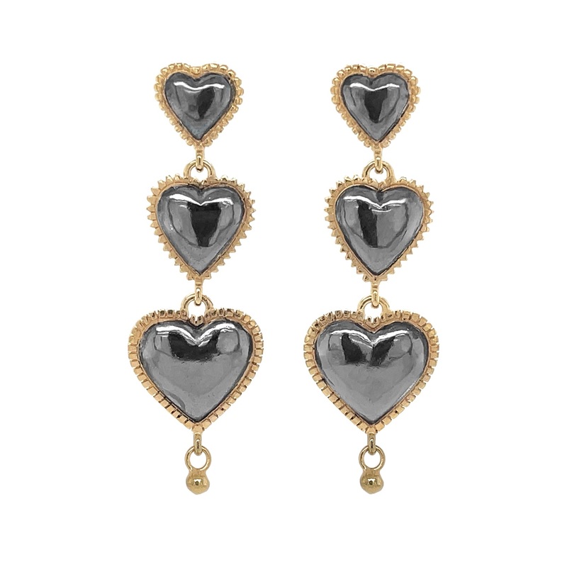 Temple Triple Heart Earring Drops – Black and Gold