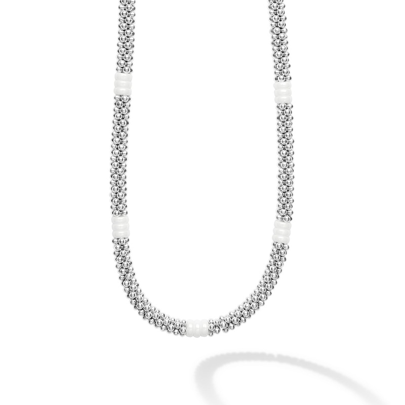 White Caviar White Ceramic Three Bead Station Caviar Necklace