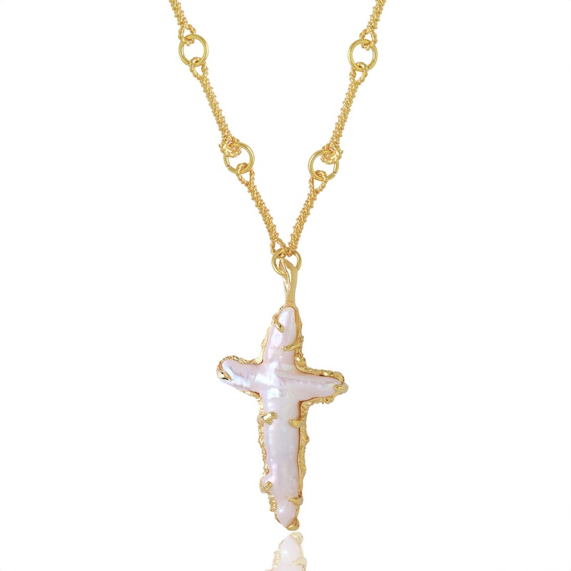 The Tethys Baroque Pearl Cross with Roman Chain