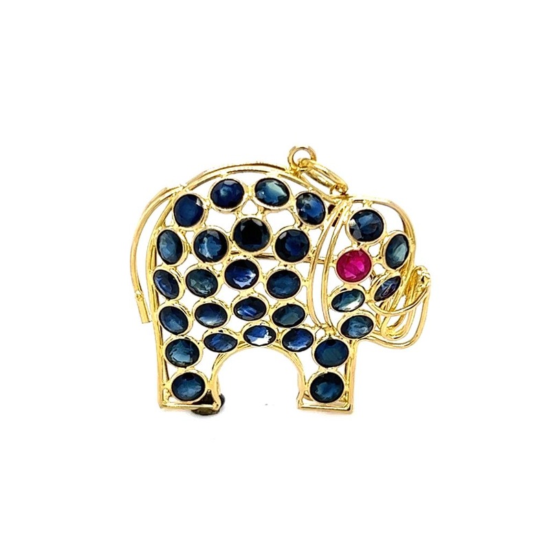 Yellow 18 Karat Wired Elephant Pin/Pendant Estate Jewelry with 28 Round Sapphires