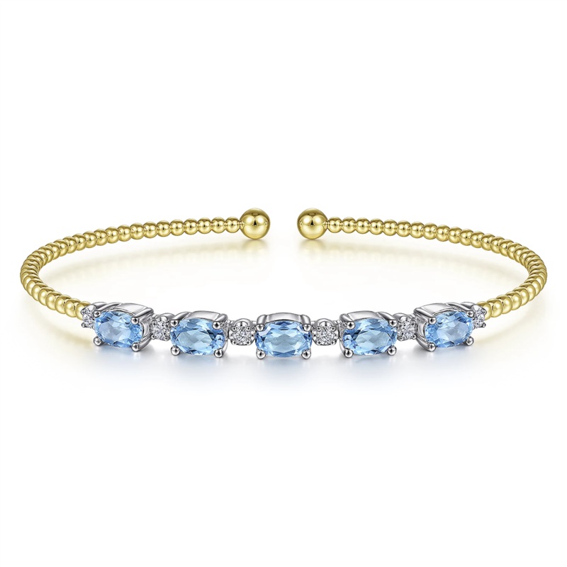 Gabriel & Co. Fashion 14K White-Yellow Gold Bujukan Bead Cuff Bracelet with Blue Topaz and Diamond Stations