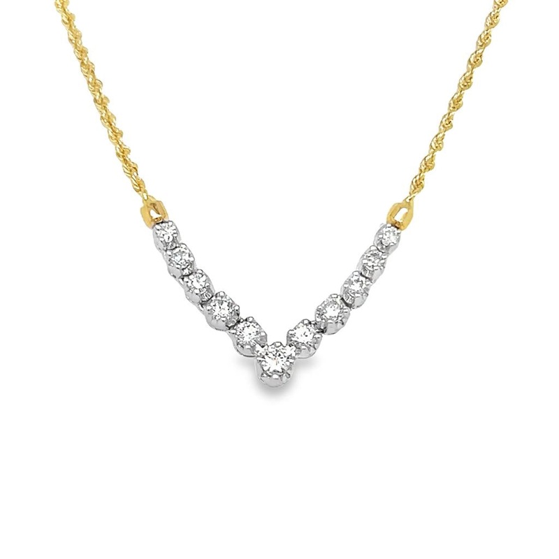 Two-tone 14 Karat 1mm V Diamond Bar Rope Chain Necklace Estate Jewelry with 11 Round Diamonds