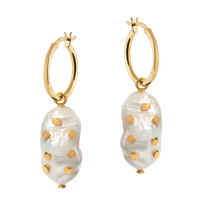 Venus Gold Hoop Earrings with Large Keshi Pearl and Barnacles