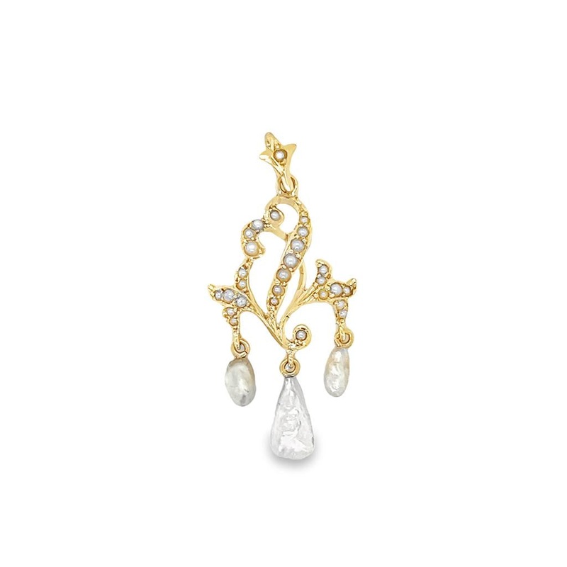 Yellow 14 Karat Fleur-de-Lis Pearl Pendant Estate Jewelry with 30 Fresh Water Pearls