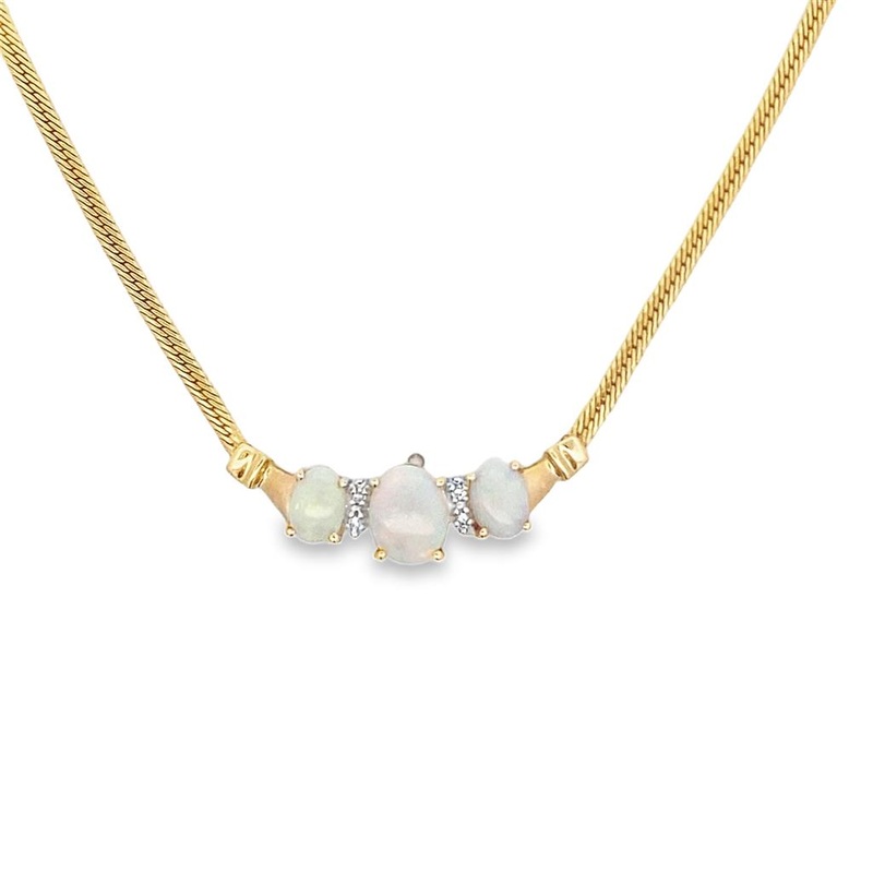 Yellow 14 Karat Opal and Diamond Herringbone Necklace Estate Jewelry with 1 Oval Opal