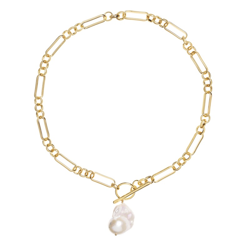 Alba Chunky Mixed Link Gold Necklace with Large Keshi Pearl