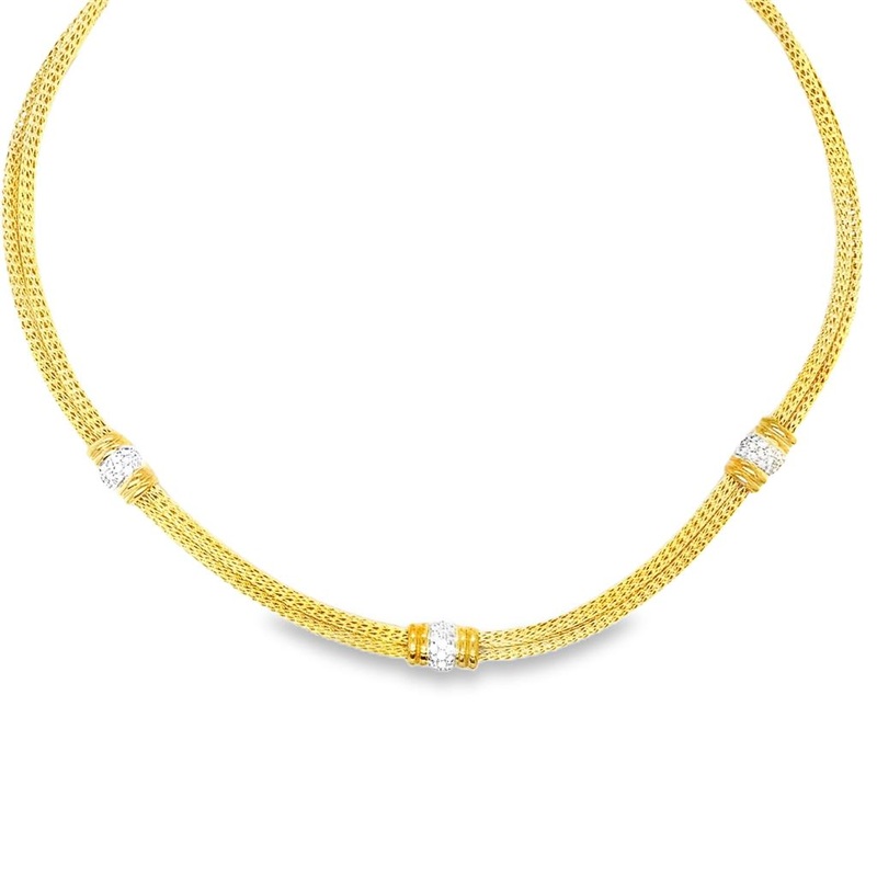 Two-Tone 18 Karat Parisian Weave W/ Cluster Diamond Stations Estate Je