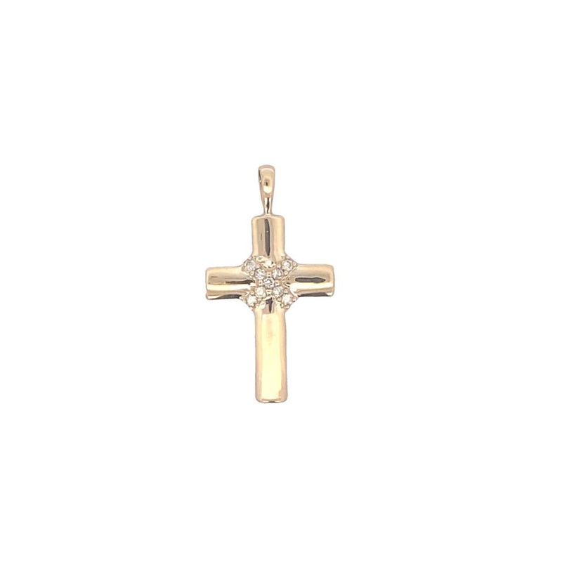 Yellow 14 Karat Cross Pendant Estate Jewelry with 9 Round Diamonds