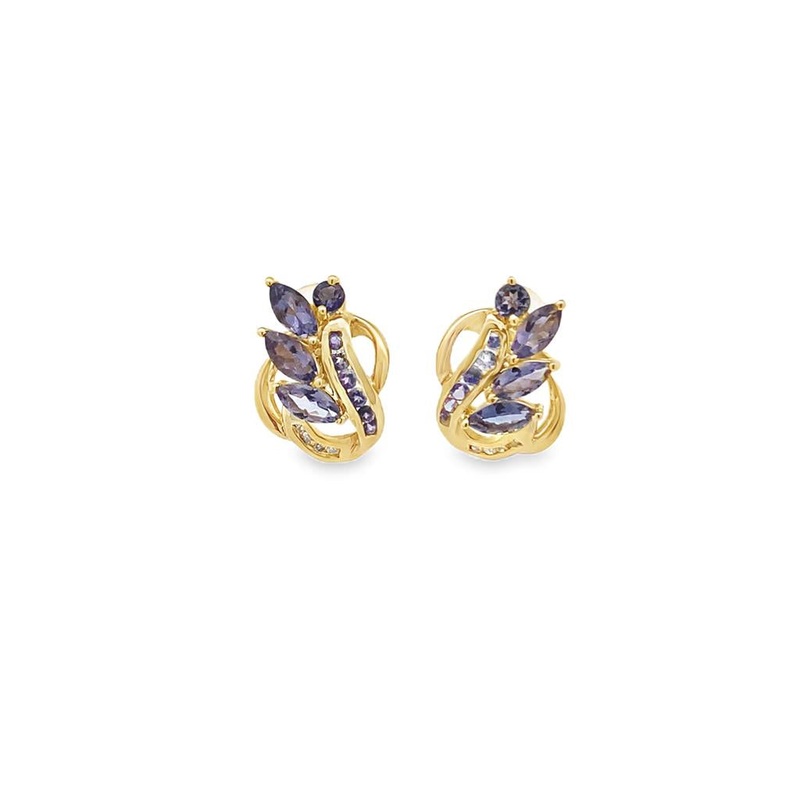 Yellow 14 Karat Tanzanite and Diamond Earrings Estate Jewelry with 6 Marquise Tanzanites