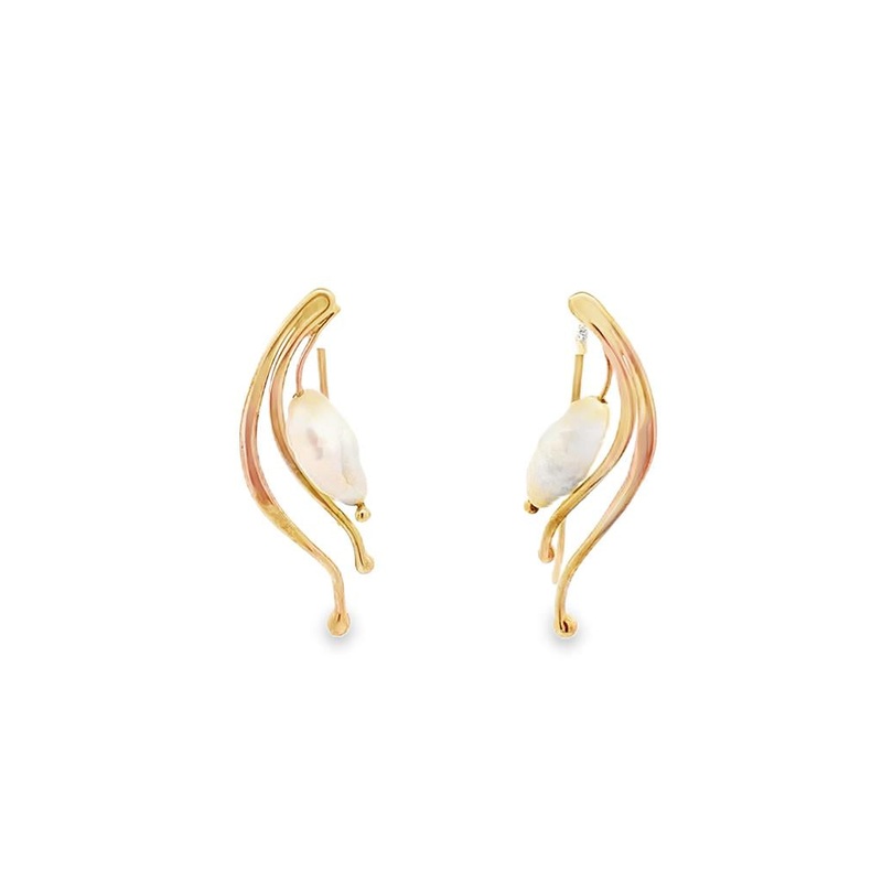 Yellow 14 Karat Whispy Pearl Earrings Estate Jewelry Gram Weight: 1.32
