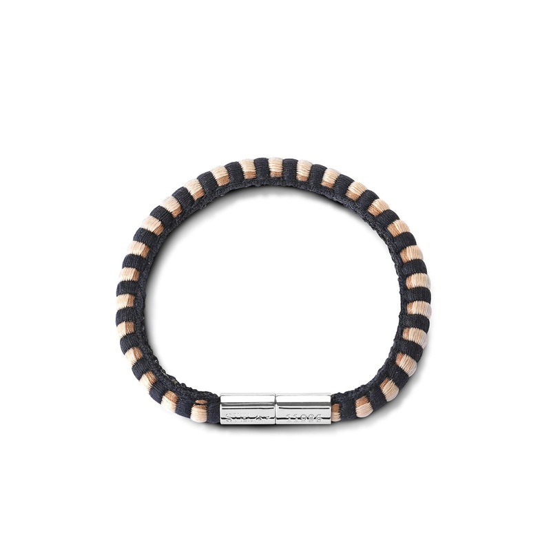 Teman Slim Woven Jacquard Bracelet – Liquorice and White Gold Tone