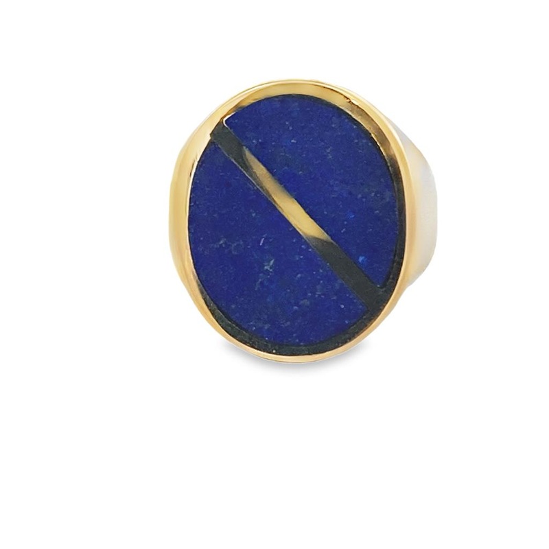 Yellow 14 Karat Gnts.Oval Half Moon Lapis Inlay Ring Estate Jewelry with