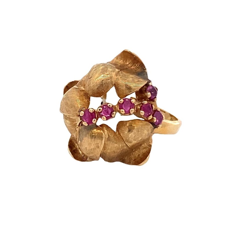 Yellow 14 Karat flower ruby ring Estate Jewelry with 6 Round Rubies