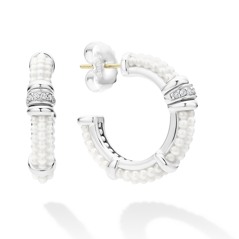 White Caviar White Ceramic and Diamond Hoop Earrings