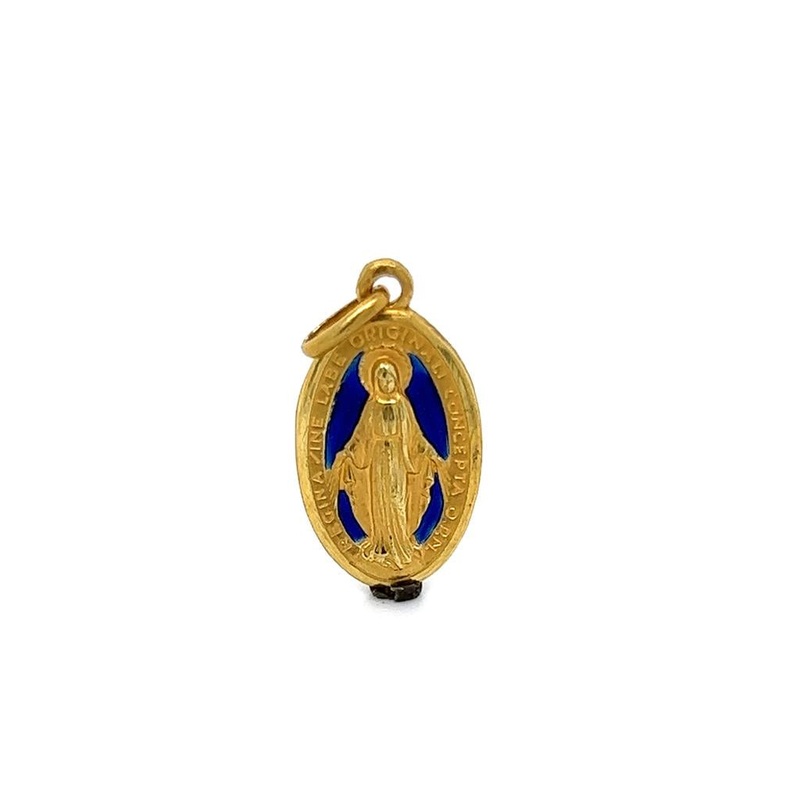 Yellow 18 Karat Mary w/ Blue Lacqor Charm Estate Jewelry with