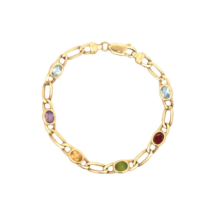 Yellow 14 Karat Multi-Colored Oval Stone Chain Bracelet Estate Jewelry with 2 Oval Blue Topazes