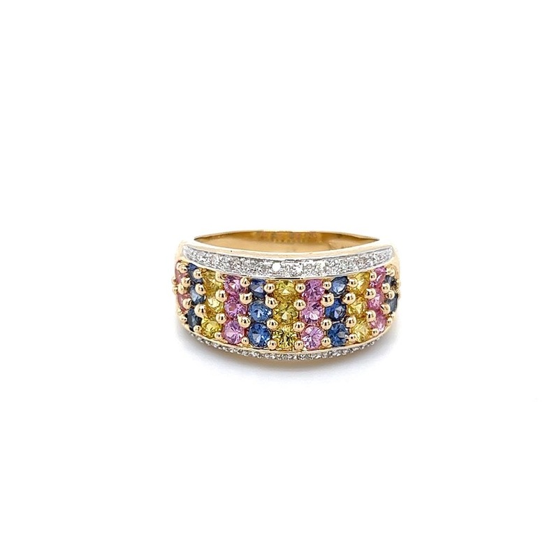 Yellow 14 Karat Multi Sapphire & Diamond Band Estate Jewelry with 31 Round Multi-Color Sapphires